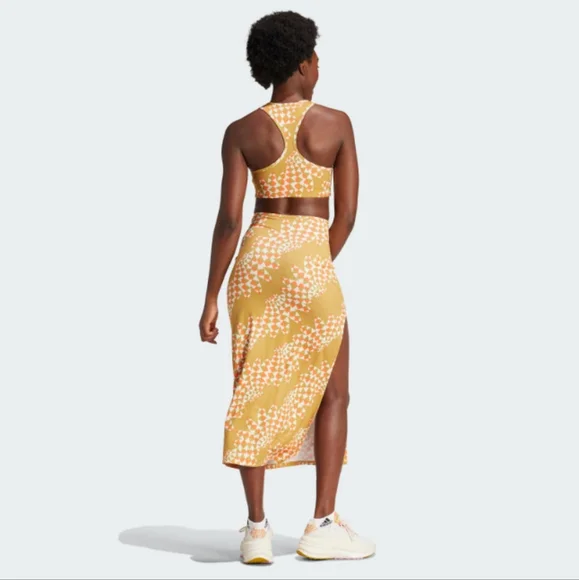 NWT FARM Rio Victory Gold Abstract Wave Print Midi Dress Adidas Collab - Picture 2 of 7